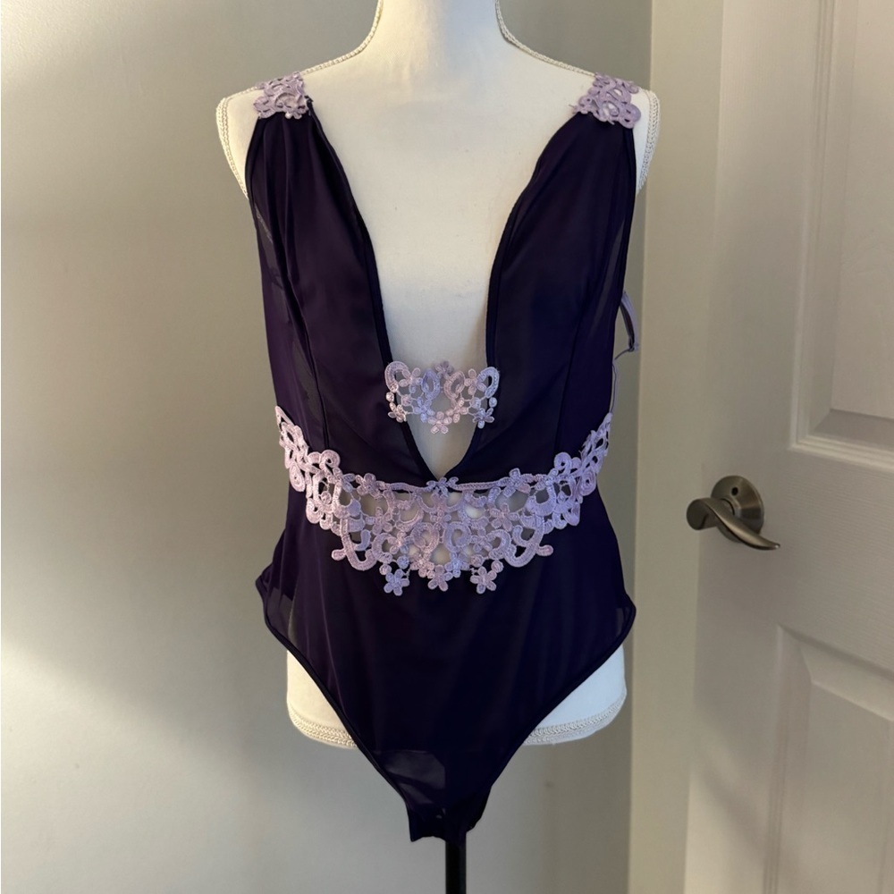 Oh La La Cheri Mesh/Lace One Piece lingerie XL Deep Purple w/light purple lace